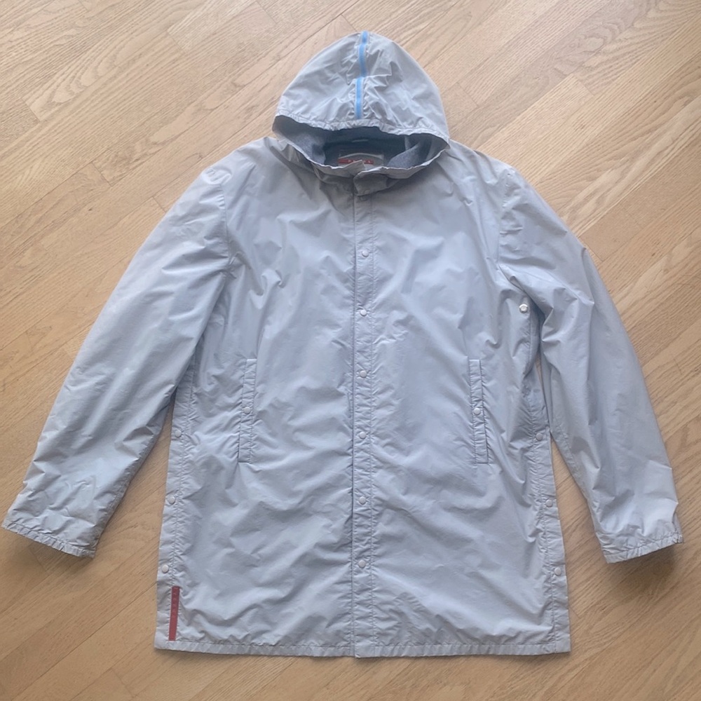 Prada Light Gray Men's Hooded Windbreaker with Subtle Blue Trim